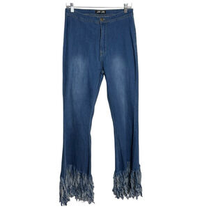 JC & JQ Shredded Hem Boho Jeans Womens XL Blue Hi Rise Festival‎ Fringe Stretch
